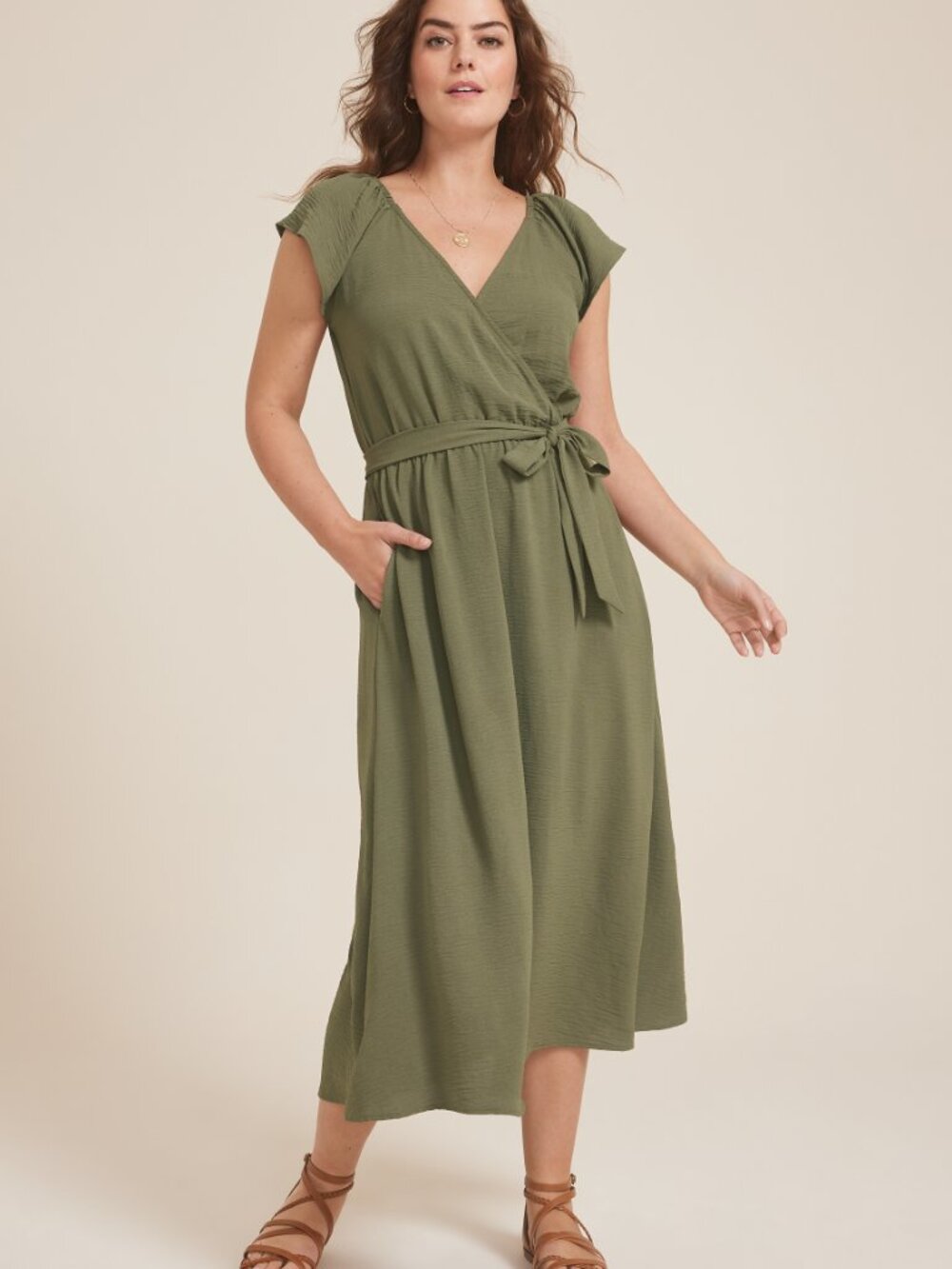 Maurices Olive Wrap-Style Midi Dress with Waist Tie